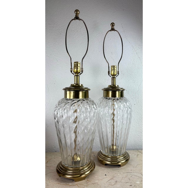 1990s 1990s Frederick Cooper Hand Blown Glass and Brass Table Lamps/a Pair For Sale - Image 5 of 9
