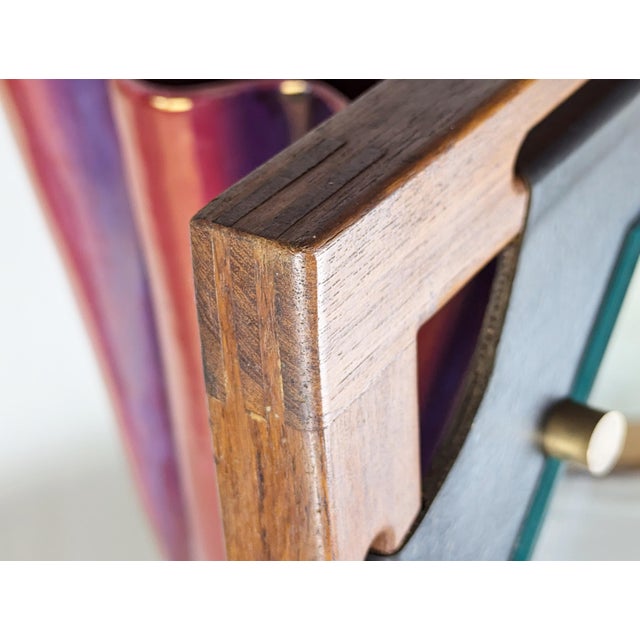 Italian Teakwood & Black Skai Wall Mirror, 1960s For Sale - Image 6 of 14