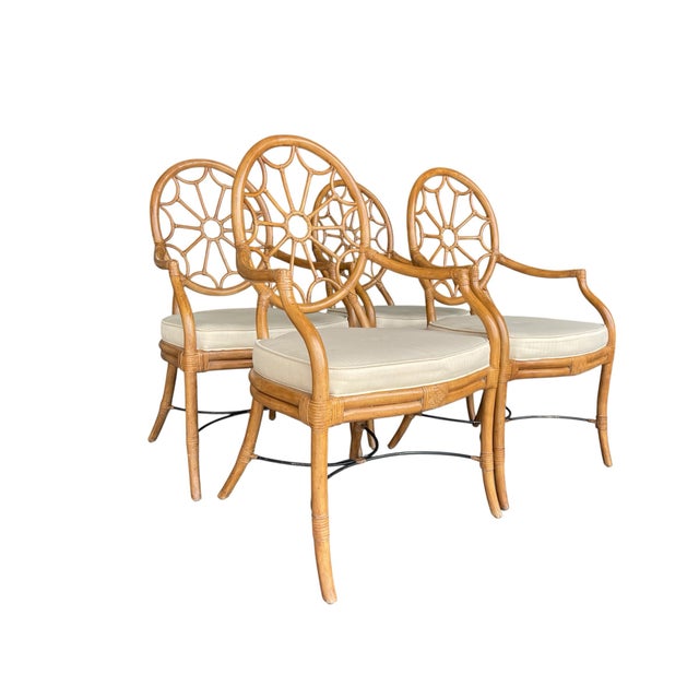 Hollywood Regency Rattan Medallion Back Dining Chairs in the Style of Ferguson Copeland | Set of 4 For Sale - Image 3 of 9