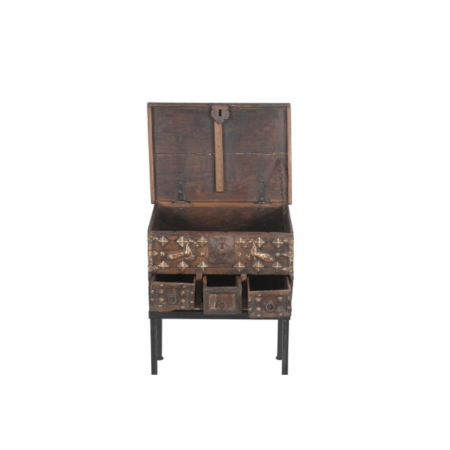 Indian Vintage Indian Teak and Brass Folk Art Chest on Iron Legs/Side Table For Sale - Image 3 of 3