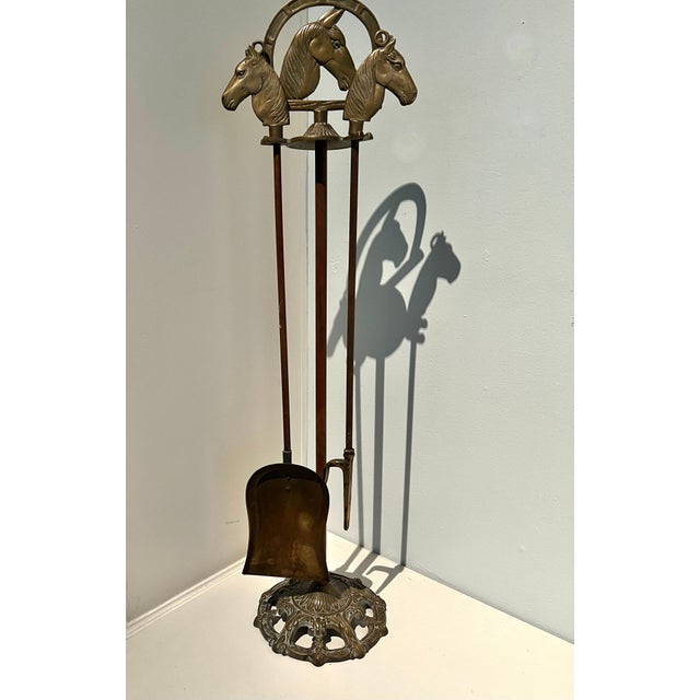 Metal Solid Brass Fireplace Tools with Horse Head Handles & Stand - Set of 3 For Sale - Image 7 of 12