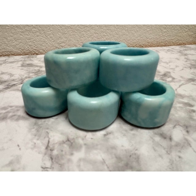 Vintage blue marble alabaster napkin rings. Made in Italy - set of eight. Pretty aqua blue tone in excellent condition.