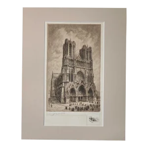Etching of Riems Cathedral by Aime Edmond Dallemagne (French 1887-1971) , EUC