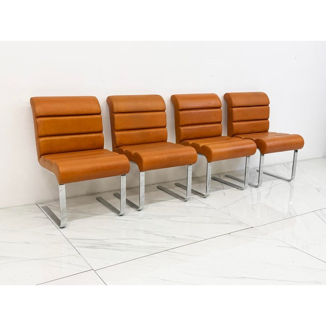 Metal Set of 4 Lugano Chairs in Cognac Leather, I4 Mariani for Pace Collection, 1970's For Sale - Image 7 of 13