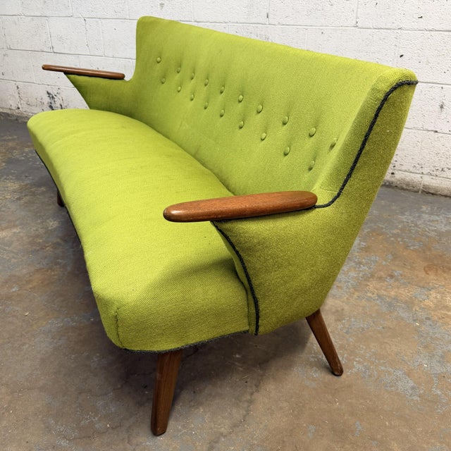 Wood Vintage Danish Wingback Sofa With Teak Arms in the Manner of Kurt Olsen, Reupholstery Included For Sale - Image 7 of 13