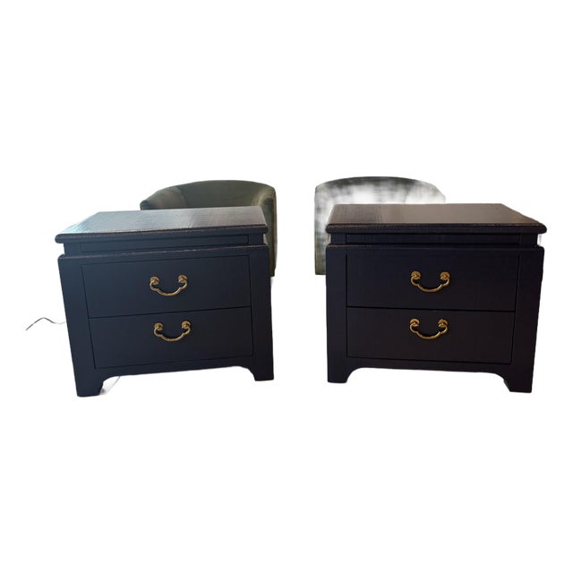 Vintage Pair Harrison Van Horn Grasscloth Navy Blue Pagoda Night Stands Chests For Sale