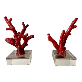 Vintage Mid-Century Faux Red Coral Bookends With Lucite Base - a Pair For Sale