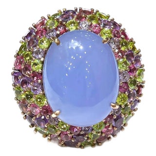 Bochic “Orient” Vintage Chalcedony & Multi Gem Cocktail Ring - 18K Gold & Silver For Sale
