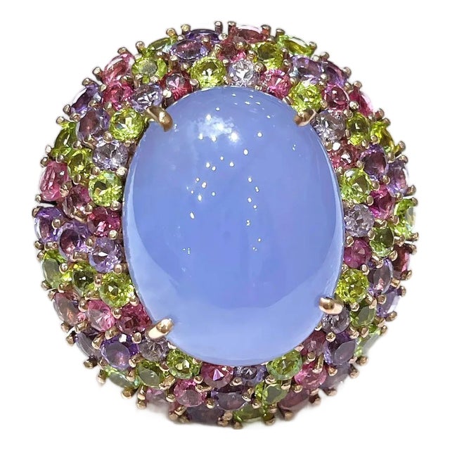 Bochic “Orient” Vintage Chalcedony & Multi Gem Cocktail Ring - 18K Gold & Silver For Sale