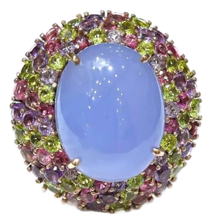 Bochic “Orient” Vintage Chalcedony & Multi Gem Cocktail Ring - 18K Gold & Silver