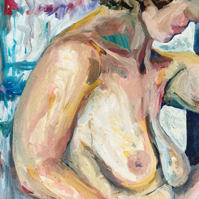 This beautifully composed nude, with broad colorful brushstrokes, creates an intimate look at a middle-aged woman...