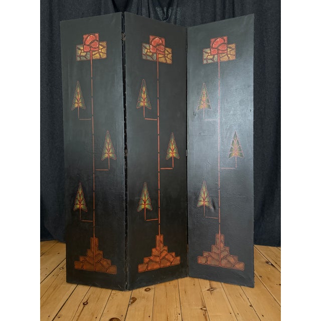 Arts & Crafts Hand Painted Leather Three Panel Mission Style Screen C1910 For Sale - Image 11 of 11