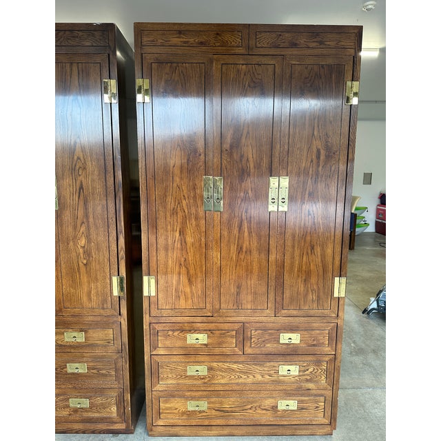 Campaign 1970s Henredon “Scene One” Campaign Style Pair of Oak Armoires For Sale - Image 3 of 12