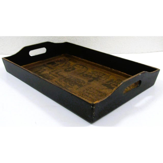 Brown Antique Japanese Kanji Calligraphy Wood Serving Tray Obon With Stamp Signature For Sale - Image 8 of 11