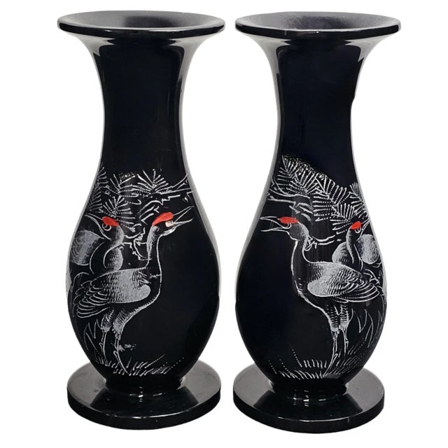 Chinese Pair of Onyx Black Marble Vase Crane Bird Pattern For Sale - Image 4 of 9