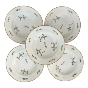 Antique 19th Century French Empire Old Paris Porcelain Soup Plates or Bowls in the Sprig Cornflower Pattern - a Set of 5
