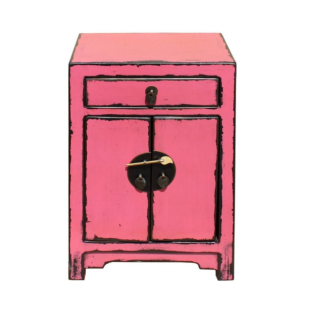 Chinese Distressed Pink Round Moon Face End Table Nightstand cs2641