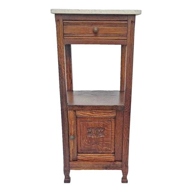 Antique 1920s French Oak Nightstand Carved Oak Tree & Acorn Design White Marble For Sale