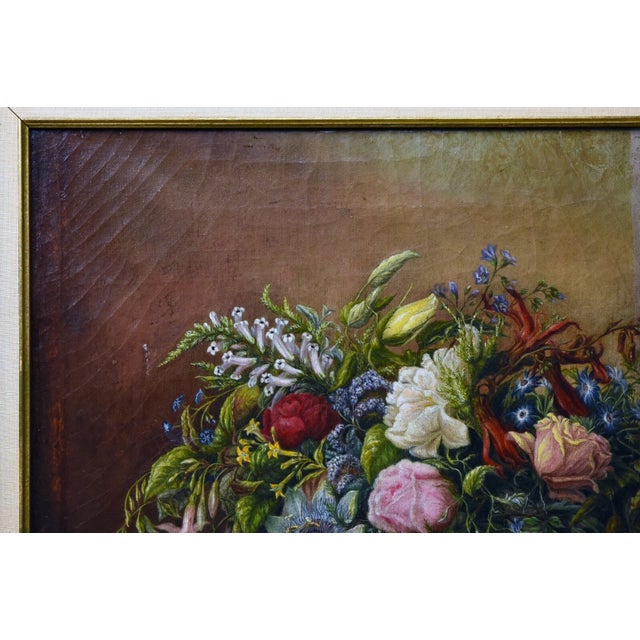 Textile Fine 19th Century Oil on Canvas Painting Floral Still Life Flowers on a Ledge For Sale - Image 7 of 9