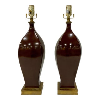 Currey & Co. Modern Sepia Glaze Porcelain Table Lamps Pair For Sale