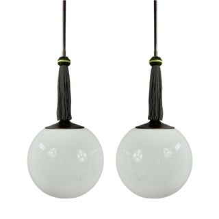 Opaline Glass and Burnished Brass Ball Pendants with Tassels, Germany, 1930s, Set of 2 For Sale