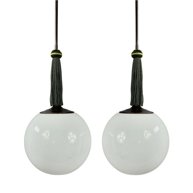 Opaline Glass and Burnished Brass Ball Pendants with Tassels, Germany, 1930s, Set of 2 For Sale