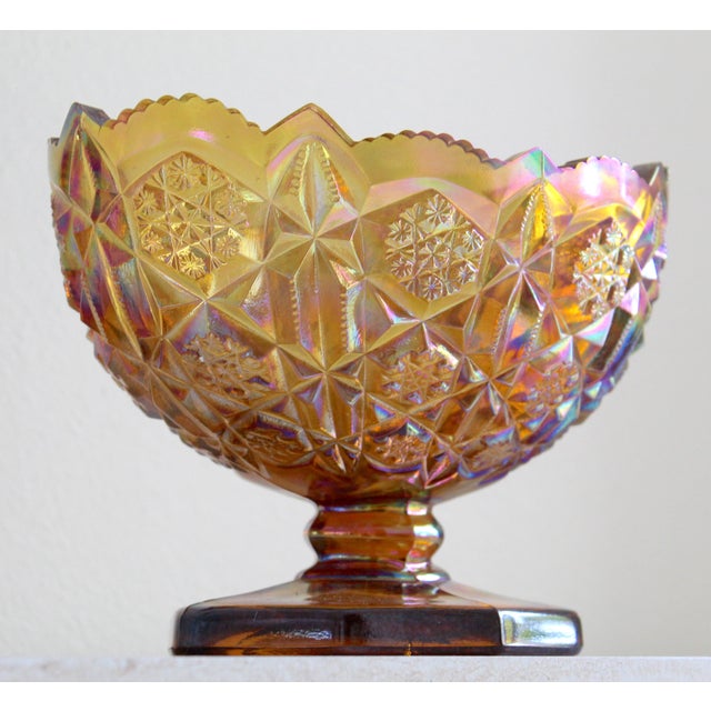 Vintage l.e. Smith Heritage Amber Carnival Glass Oval Pedestal Compote Bowl For Sale - Image 4 of 13