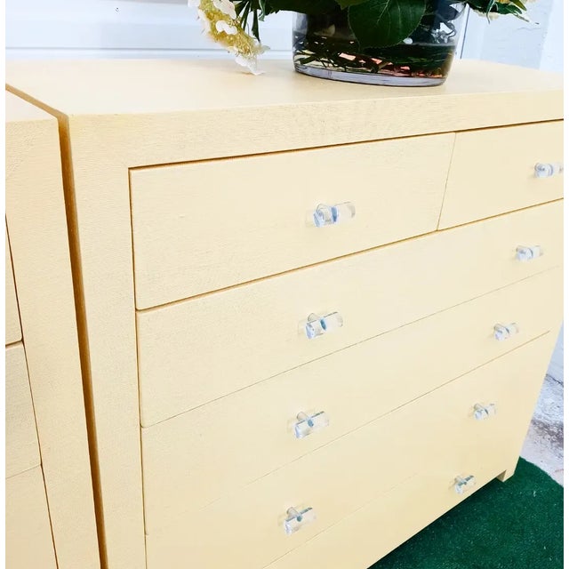 Extra Large Serena and Lily Pale Yellow Grass Cloth Covered Lucite Pulls 6 Drawer Chest of Drawers- a Pair For Sale - Image 10 of 13
