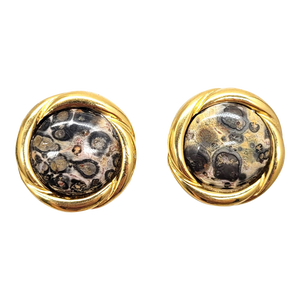 Vintage 1980s Signed Ciner Round Goldtone Faux-Agate Clip Earrings - 2 Pieces