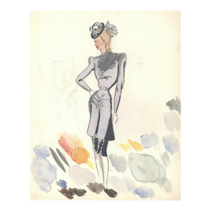 1940s Original French Watercolor Couture Fashion Drawing, Documentation, Matted