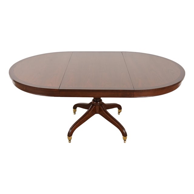 Baker Furniture Style Regency Banded Cherry Wood Pedestal Extension Dining Table, Newly Refinished For Sale