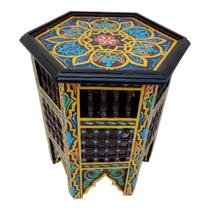 Moroccan Hexagonal Wooden Hand Painted Side Table in Musharabi Maroon