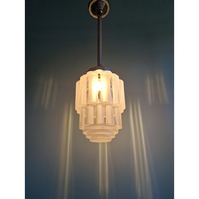 Art Deco Skyscraper Pendant Light in Frosted Glass, 1930s For Sale - Image 4 of 12