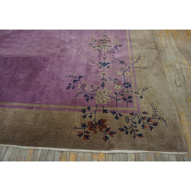1920s Antique Purple Open Field Bird Chinese Art Deco Room Size Wool Knotted Rug For Sale - Image 10 of 10