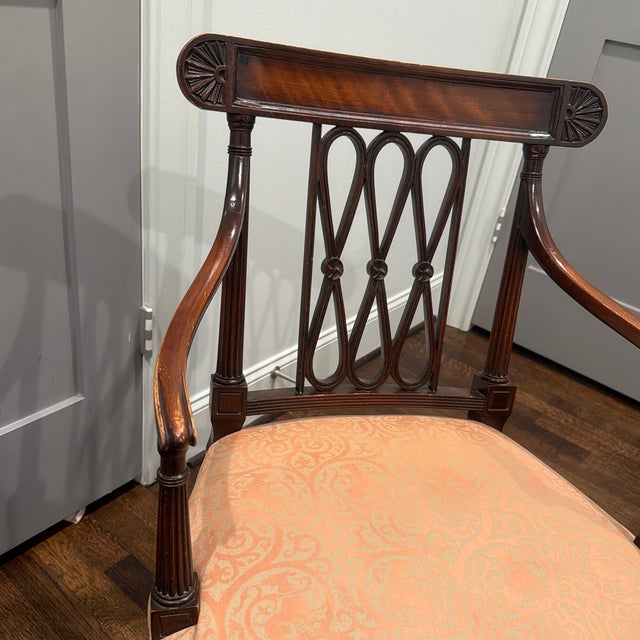 Neoclassical Late 20th Century Neoclassical Mahogany Finish Open Arm Accent Chair With Damask Upholstery For Sale - Image 3 of 9