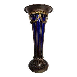 Vintage Blue Glass and Sheffield Vase For Sale