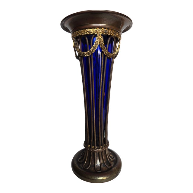 Vintage Blue Glass and Sheffield Vase For Sale
