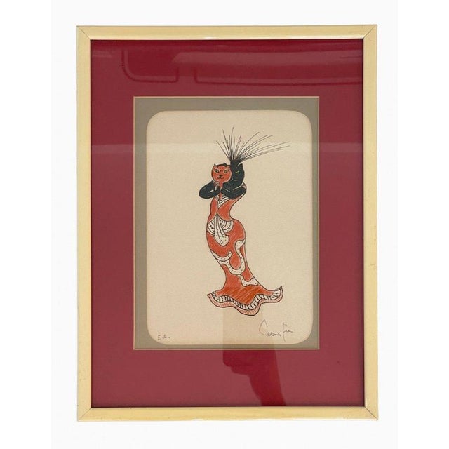 Leonor Fini, Masked Cat in Red Dress, Felt Tip on Paper For Sale - Image 9 of 9