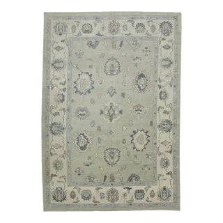 Turkish Oushak Rug Green Handwoven Early 21st Century Floral Design 5'10" X 8'6" For Sale