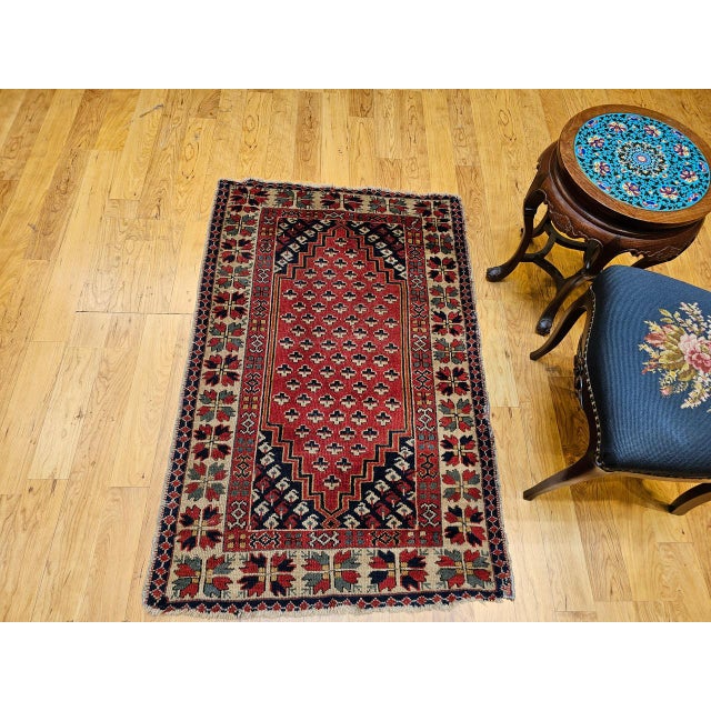Vintage Turkish Village Area Rug, Hand-Knotted Wool, Red & Navy, 1950s, 3' x 5' For Sale - Image 15 of 15