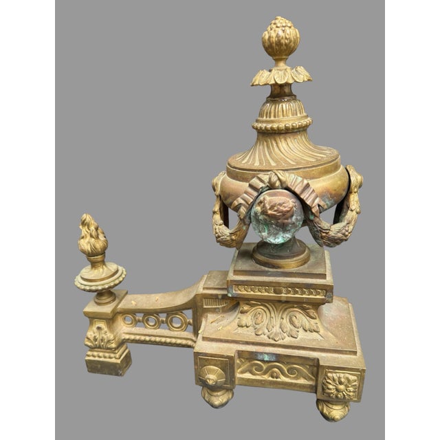 Metal Pair of Antique French Bronze Fireplace Chenet Andirons With Maiden Heads For Sale - Image 7 of 10