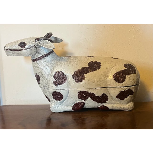 Chinese Antique Chinese Paint Decorated Metal Spotted Cow Box For Sale - Image 3 of 12