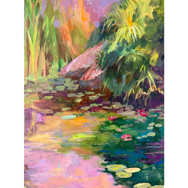 Paint Impressionistic "Water Lily Pond" Oil on Canvas by Marion Saltzman For Sale - Image 7 of 9