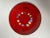 Glossy red enamel holds the background to organic concentric free-formed painted dots in blue, mint, turquoise, yellow,...