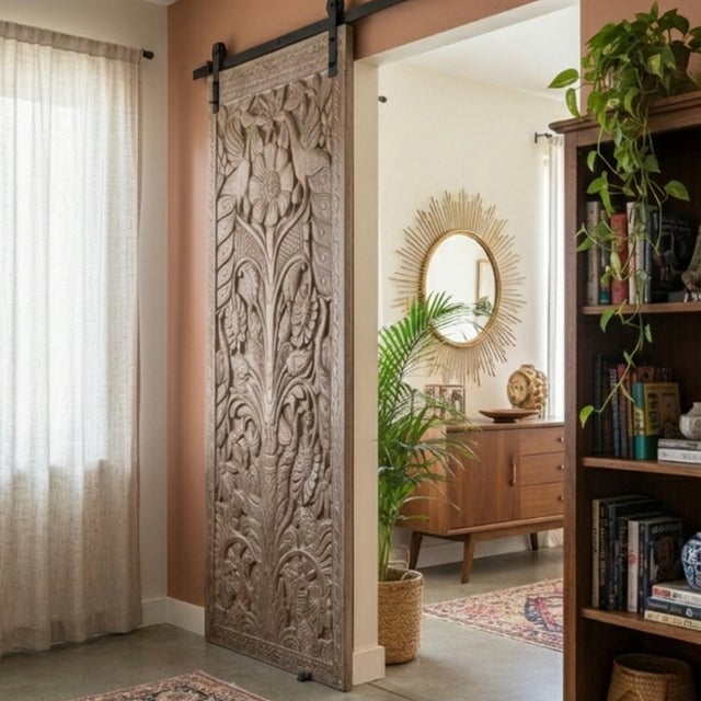 1920s Vintage Tree of Life Carved Wood Panel – Rustic Barn Door Wall Art & Wellness Statement84x36 For Sale - Image 5 of 5