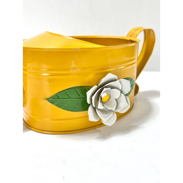 Yellow Vintage Yellow Toleware Watering Can With Floral Detail – Cottage Garden Planter Decor - Teleflora For Sale - Image 8 of 12