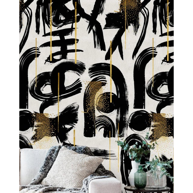 A truly abstract masterpiece, on a white background, with an energetic palette of bold black brush-like strokes. Golden,...