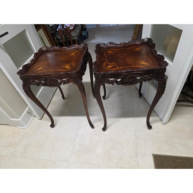 Brown 1940s Pair of Louis XV Style Marquetry Side Tables/End Tables French Rococo Revival For Sale - Image 8 of 9