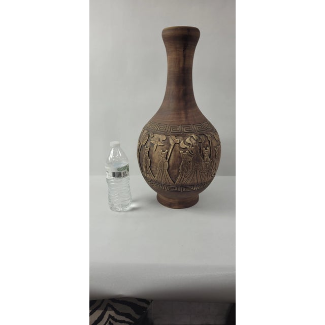 Large 18.5-inch 1970s pottery vase with raised Chinese court figures, horse-drawn chariot relief, geometric key-fret...