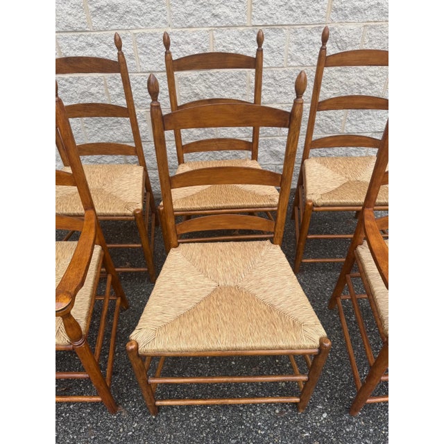Late 20th Century Mid 20th Century Set of 6 Rustic Style Beech Ladder Back Dining Chairs With Rush Seats For Sale - Image 5 of 11